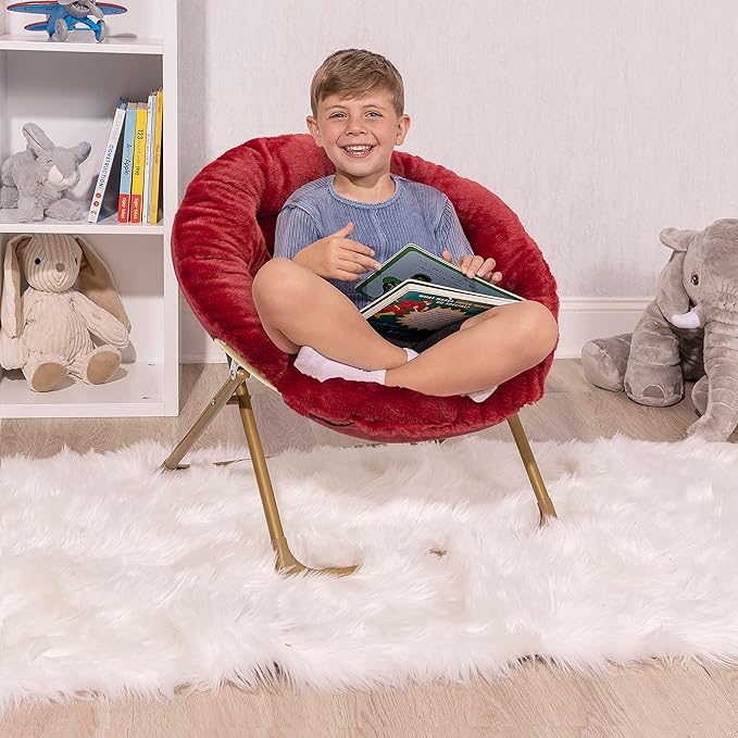 Milliard Mini Cozy Chair for Kids, Sensory Faux Fur Folding Saucer Chair for Toddlers, Red