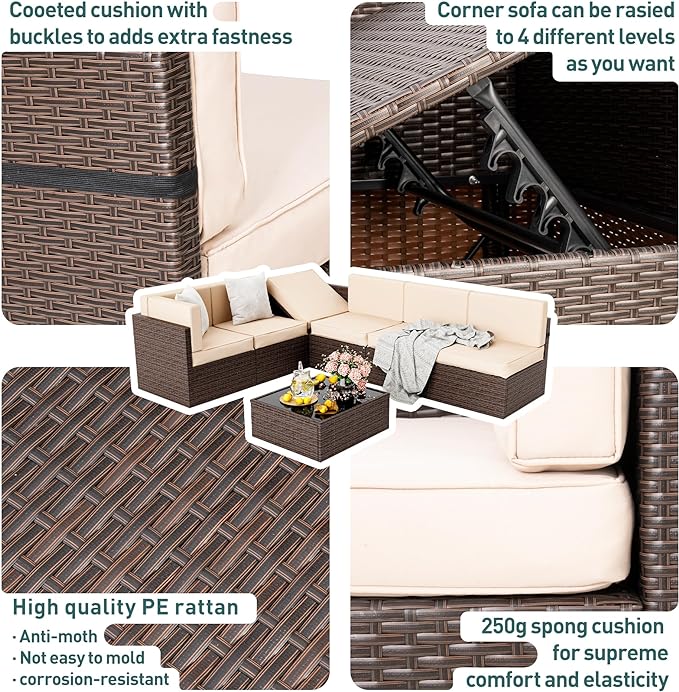 Pamapic Patio Furniture Set, 7 Pieces Modular Outdoor Sectional, Patio Sectional Sofa Conversation Set, Rattan Sofa with Coffee Table and Washable Cushions Covers, Brown Rattan and Beige Cushions