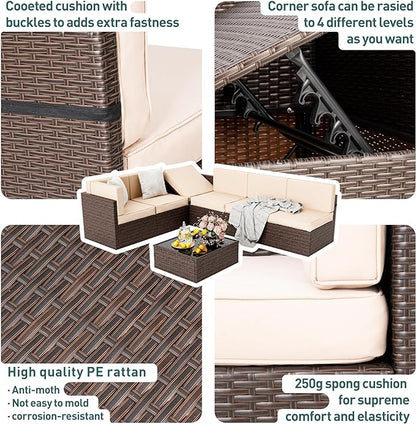 Pamapic Patio Furniture Set, 7 Pieces Modular Outdoor Sectional, Patio Sectional Sofa Conversation Set, Rattan Sofa with Coffee Table and Washable Cushions Covers, Brown Rattan and Beige Cushions