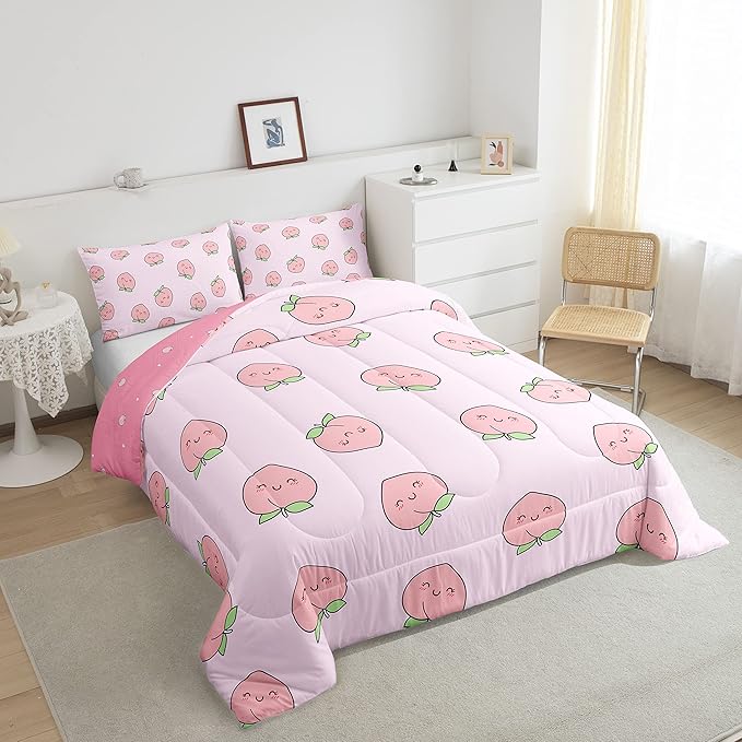 Erosebridal Cute Peach Comforter Set Full Size Kids Girls Comforter Cartoon Fruit Room Decor Duvet Set Reversible,Teens Women Pink Down Comforter with 2 Pillowcases, Kawaii Fruit Comforter