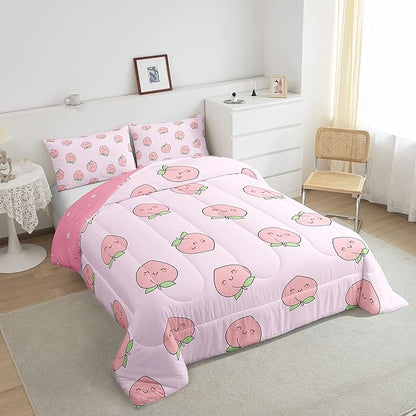 Erosebridal Cute Peach Comforter Set Full Size Kids Girls Comforter Cartoon Fruit Room Decor Duvet Set Reversible,Teens Women Pink Down Comforter with 2 Pillowcases, Kawaii Fruit Comforter