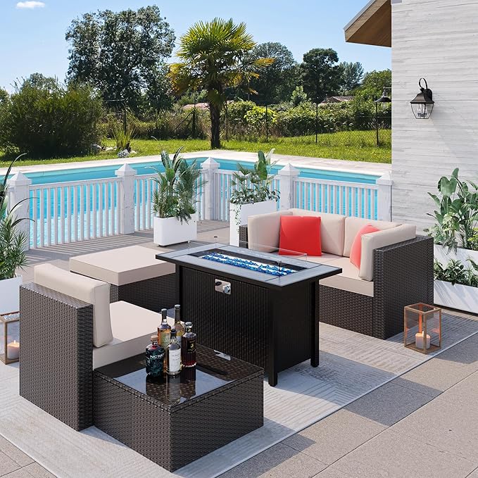 Shintenchi 5 Pieces Patio Furniture Sets w/45 inch Fire Pit Table, Outdoor Conversation Set w/50,000 BTU Steel Gas Fire Pit, Patio Sectional Sofa Set w/Glass Table &Ottoman