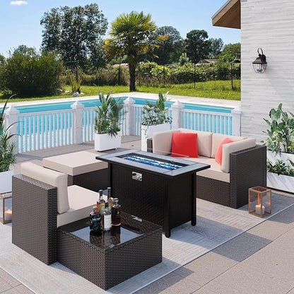 Shintenchi 5 Pieces Patio Furniture Sets w/45 inch Fire Pit Table, Outdoor Conversation Set w/50,000 BTU Steel Gas Fire Pit, Patio Sectional Sofa Set w/Glass Table &Ottoman