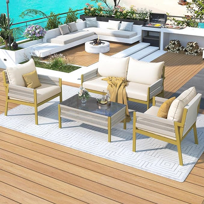 4-Piece Patio Conversation Furniture Set, Rope Weave Outdoor Loveseat Sofa with 2 Armchairs, Thick Cushion&Tempered Glass Table, for Garden Backyard, Onesize, Beige+Mustard Yellow