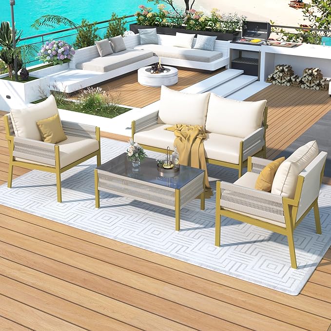 4 Piece Patio Furniture Set, Outdoor FSC Certified Acacia Wood Conversation Set, All-Weather Rope Sofa Set w/Tempered Glass Table, Loveseat for Lawn Balcony Poolside, Backyard, Backyard