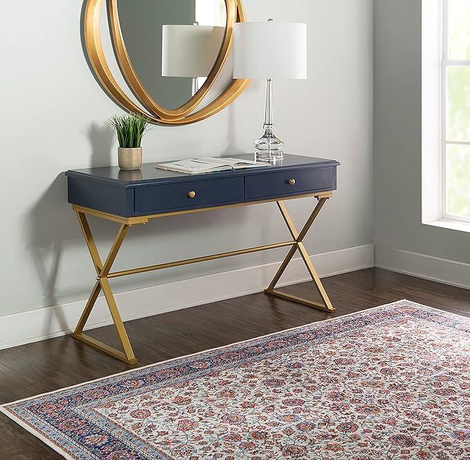 Linon Campaign Desk Navy with Gold Legs, Blue