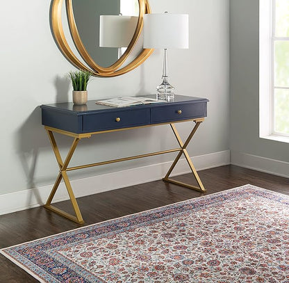 Linon Campaign Desk Navy with Gold Legs, Blue