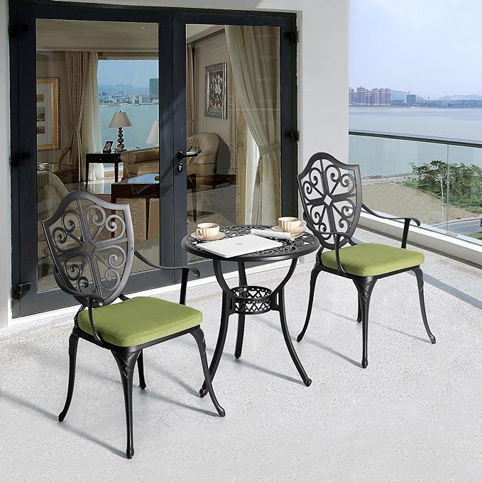 NUU GARDEN 3 Piece Outdoor Bistro Set Cast Aluminum Patio Set Bistro Table Set Rustproof Patio Table and Chairs with Umbrella Hole and Green Cushions for Backyard, Balcony, Porch, Black