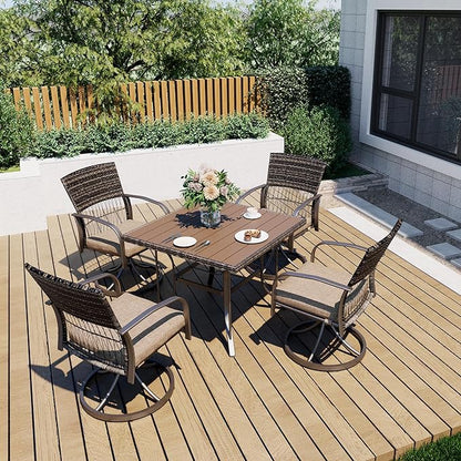 Pamapic 5 Piece Outdoor Dining Set, Rattan Outdoor Patio Furniture Set for Deck Backyard with Plastic-Wood Outdoor Dining Table, 4 Swivel Outdoor Dining Chairs and Removable Cushions (Beige)