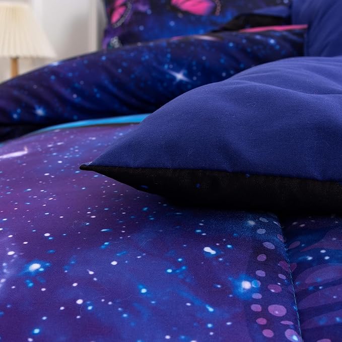 Btargot 3 Piece Butterfly Pattern Girls Comforter Set with 2 Pillow Covers, Galaxy Outer Space Printed Bedding Set for Women, Full Purple Blue