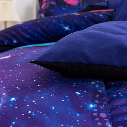 Btargot 3 Piece Butterfly Pattern Girls Comforter Set with 2 Pillow Covers, Galaxy Outer Space Printed Bedding Set for Women, Full Purple Blue