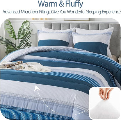 Andency Stripe Comforter Set Queen Size (90x90 Inch), 3 Pieces Navy Patchwork Striped Comforter, Soft Microfiber Down Alternative Comforter Bedding Set with Corner Loops