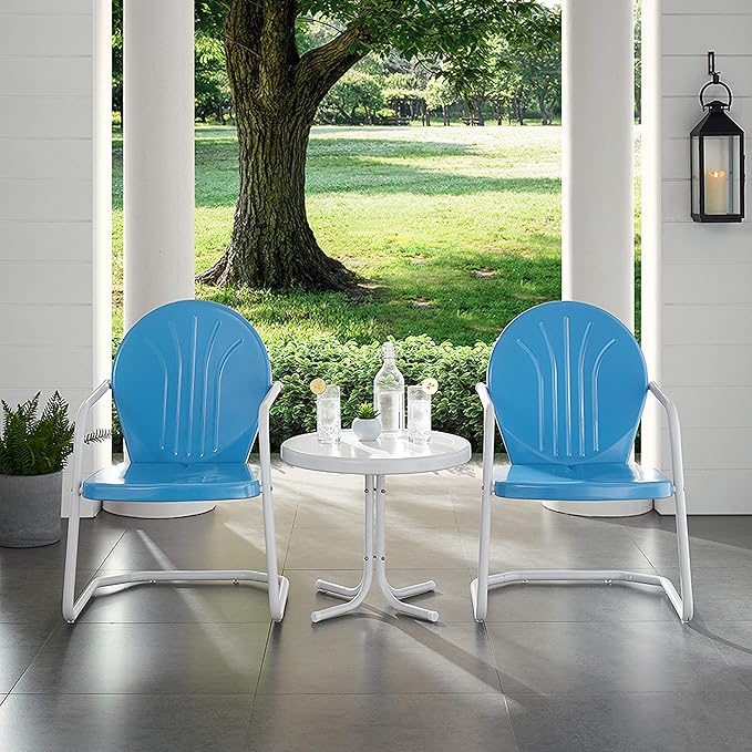 Crosley Furniture KO10004BL Griffith 3-Piece Retro Metal Outdoor Seating Set with Table and 2 Chairs, Sky Blue