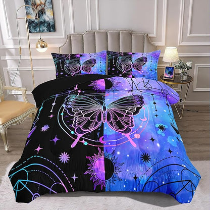 Butterfly Comforter - Butterfly Bed Set - Boho Butterfly Sun and Moon Printed Bedding Sets, Queen Size Comforter Set for Girls, Black Blue Butterfly Comforter Set Queen with 2 Pillowcases