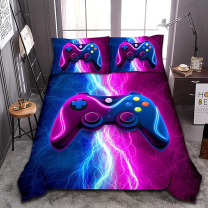 Meeting Story Gamer Gaming Bedding Sets Red Blue Lightnings Gamepad Comforter Set for Boys Games Console Action Buttons Novelty Colorful Modern Room Decor Home Quilt Set (Blue-Purple, Twin)