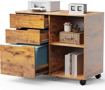 3 Drawer File Cabinet Lateral Printer Stand with Adjustable Storage Shelves for Home Office Small Space, Rustic Brown