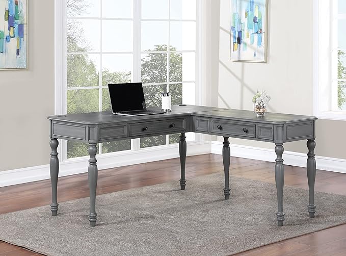 OSP Home Furnishings Country Meadows L-Shape Desk with 2 Full Drawers and Power Hub, Plantation Grey