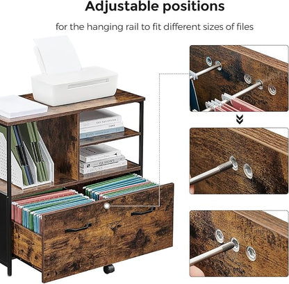 VASAGLE Lateral File Cabinet with Open Shelves and Drawer Mobile Filing Cabinet with Wheels