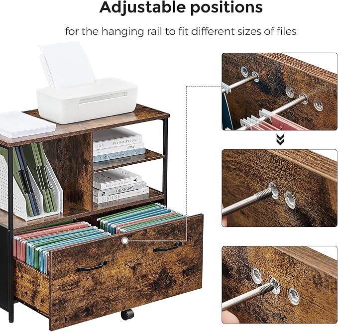 VASAGLE Lateral File Cabinet with Open Shelves and Drawer, for A4, Letter and Legal Sized Documents, Printer Stand, Rustic Brown + Black
