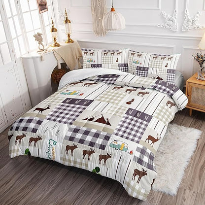 Datura home Happy Camper Comforter Set Rustic Lodge and Camper Deer Printed Quilt Bedding Set with 1 Comforter and 2 Pillowcases for Boys and Girls Bedroom All Season(Camper Twin)