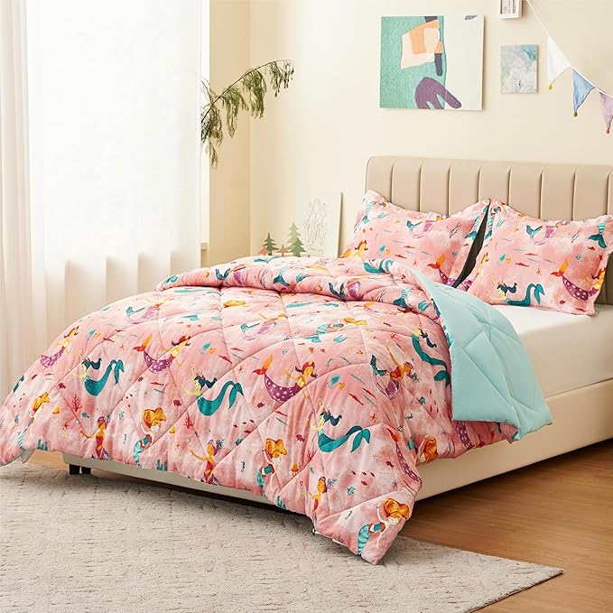 Twin Mermaid Bedding Sets for Girls, 3 Pieces Kids Queen Comforter Sets, Super Soft Lightweight for All Seasons, Includes 1 Comforter (88"x88") and 2 Pillowcase (20"x26"+2")