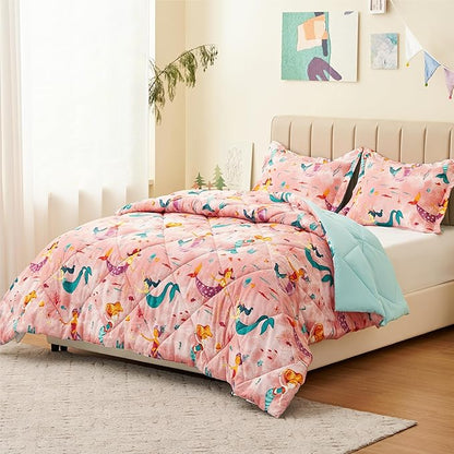 Twin Mermaid Bedding Sets for Girls, 3 Pieces Kids Queen Comforter Sets, Super Soft Lightweight for All Seasons, Includes 1 Comforter (88"x88") and 2 Pillowcase (20"x26"+2")