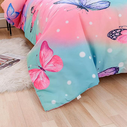 Btargot 3 Piece Butterfly Pattern Girls Comforter Set with 2 Pillow Covers, Gradient Line Rainbow Printed Bedding Set for Women, Queen Multi Color