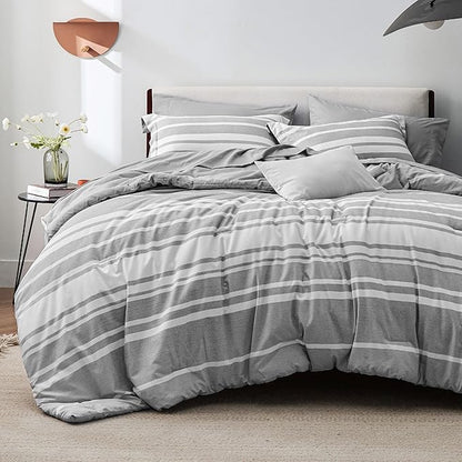 Bedsure Queen Comforter Set 7 Pieces, Grey White Striped Comforter for Queen Size Bed Reversible, Cationic Dyeing Bed in a Bag with Comforter, Sheets, Pillowcases & Shams