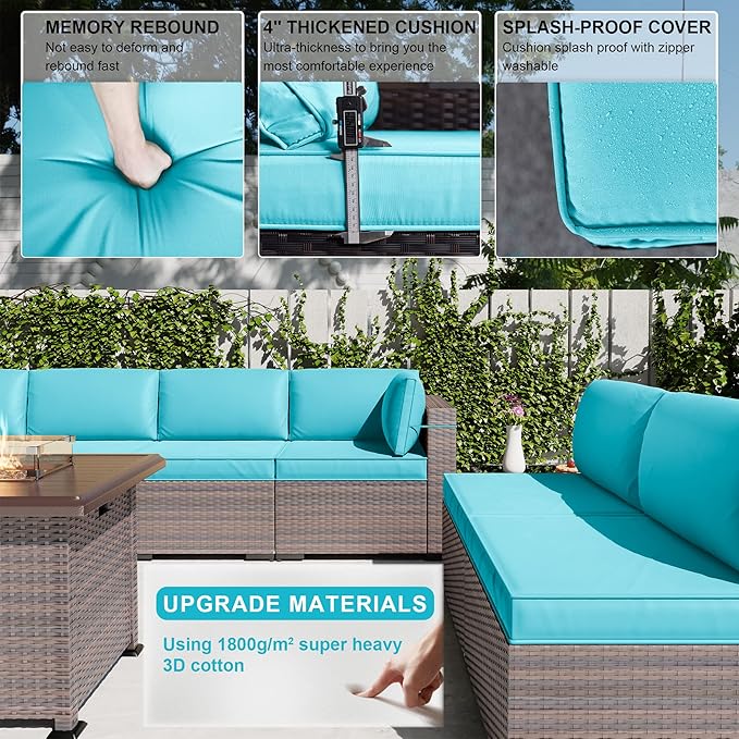 Kullavik 10 Pieces Outdoor Patio Furniture Set with 43" Gas Propane Fire Pit Table PE Wicker Rattan Sectional Sofa Patio Conversation Sets,Blue