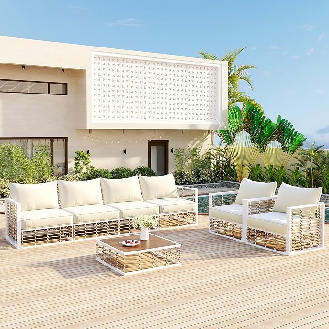 7-Piece Rattan Woven Outdoor Patio Furniture Set, All-Weather Sectional Sofa with Removable Cushions&Coffee Table, Minimalist Style Garden Couch Seating, Onesize, White Frame+Ivory Cushion
