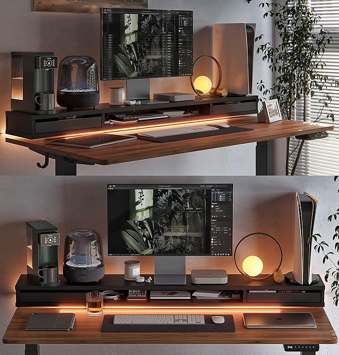 FEZIBO 60 x 24 Inch Height Adjustable Electric Standing Desk with Double Drawers, Stand Up Desk with LED Strips, Sit Stand Desk with Monitor Stand, Blcak Walnut