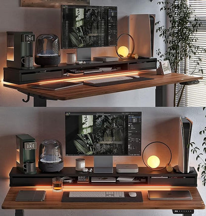 FEZIBO 60 x 24 Inch Height Adjustable Electric Standing Desk with Double Drawers, Stand Up Desk with LED Strips, Sit Stand Desk with Monitor Stand, Blcak Walnut