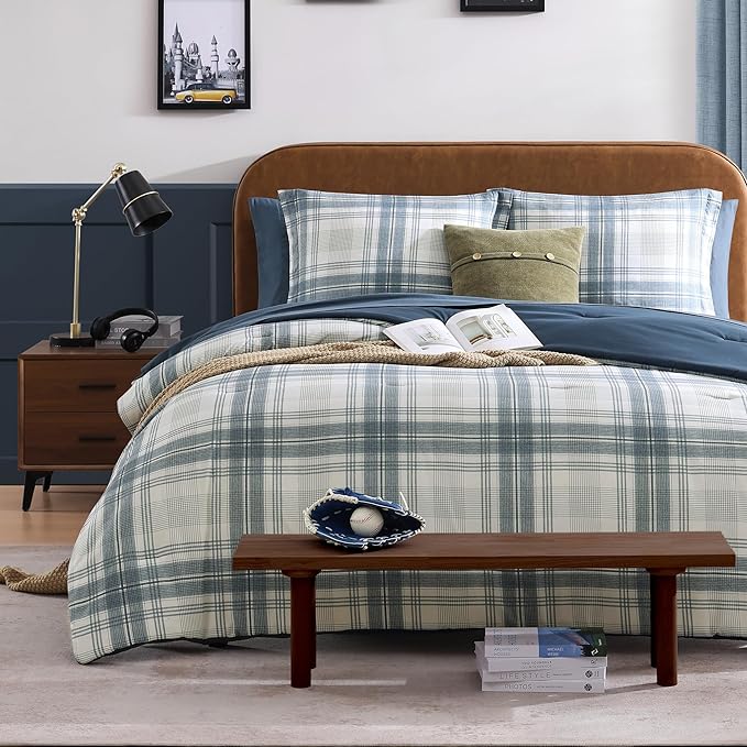 Blue Twin XL Comforter Set, Plaid Twin Comforter Set for Boys & Girls,Classic Homestead-style Twin Bed Set with Sheets and Comforter Set