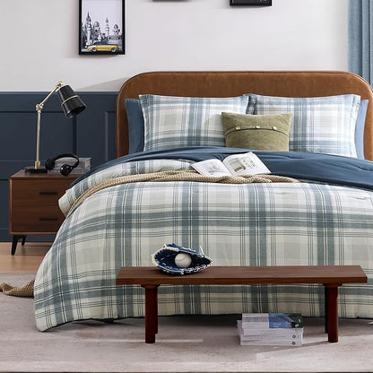 Blue Twin XL Comforter Set, Plaid Twin Comforter Set for Boys & Girls,Classic Homestead-style Twin Bed Set with Sheets and Comforter Set