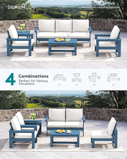SERWALL HDPE Patio Coversation Set, 7-piece Outdoor Sectional Sofa Set, All Weather Patio Couch Set Patio Furniture for Balcony, Deck, Navy Frame with Khaki Cushion
