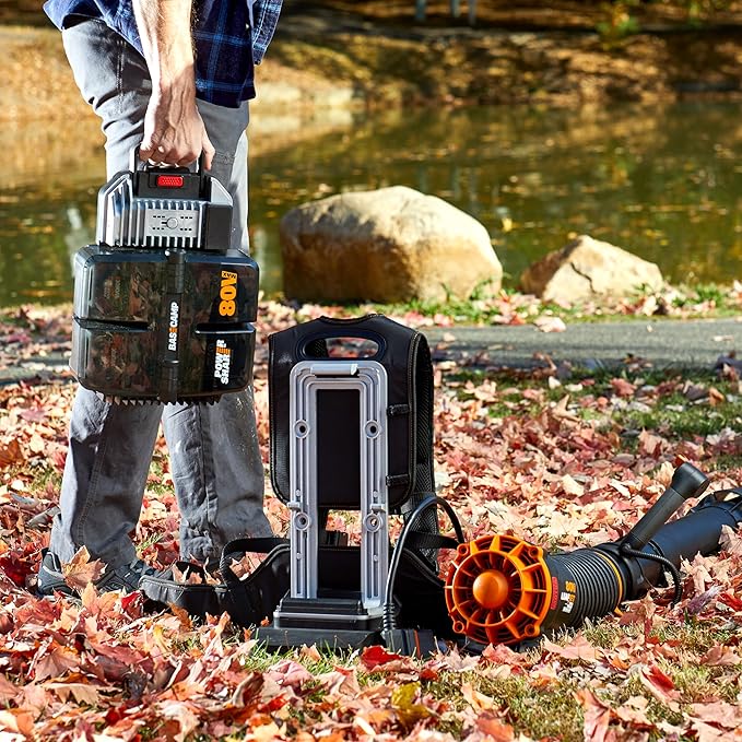 Worx Nitro 80V Cordless Leaf Blower, 800 CFM 150 MPH, Brushless Backpack Electric Leaf Blower WG572, Turbine Fan, Variable Air Control – 4 PowerShare Batteries, Basecamp Charger Included