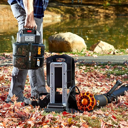 Worx Nitro 80V Cordless Leaf Blower, 800 CFM 150 MPH, Brushless Backpack Electric Leaf Blower WG572, Turbine Fan, Variable Air Control – 4 PowerShare Batteries, Basecamp Charger Included