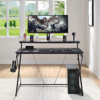 OSP Home Furnishings Emulator Battlestation Gaming Desk with RGB LED Lights, Black