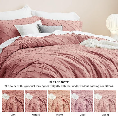 Bedsure Full Size Comforter Set - Pink Clay Comforter, Boho Tufted Shabby Chic Bedding Comforter Set, 3 Pieces Vintage Farmhouse Bed Set for All Seasons, Fluffy Soft Bedding Set with 2 Pillow Shams