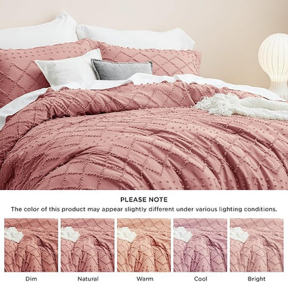 Bedsure Twin/Twin XL Comforter Set - Pink Clay Boho Twin Extra Long Comforter Set for College, Shabby Chic Dorm Bedding Set, 2 Pieces Modern Farmhouse Bed Set, includes 1 Pillow Sham
