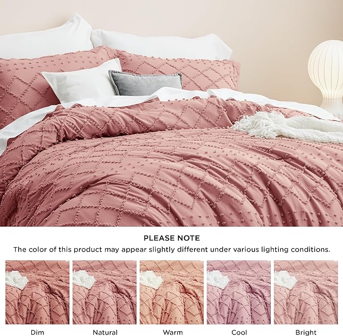 Bedsure Queen Comforter Set - Pink Clay Boho Comforter, Tufted Shabby Chic Bedding Comforter Set, 3 Pieces Vintage Farmhouse Bed Set for All Seasons, Fluffy Soft Bedding Set with 2 Pillow Shams