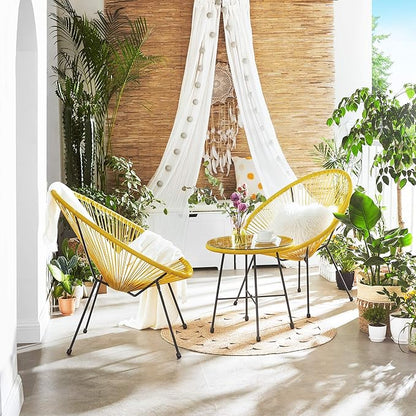 SONGMICS 3-Piece Outdoor Seating Acapulco Chair, Modern Patio Furniture Set, Glass Top Table and 2 Chairs, Indoor and Outdoor Conversation Bistro Set, Yellow UGGF011Y01