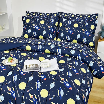 Mooreeke Bed in a Bag for Kids Girls Teens, 7 Pieces Full Size Comforter Bed Set with Shams, Sheet Set, Space Planet Blue Black Soft Microfiber Kids Comforter Bedding Set