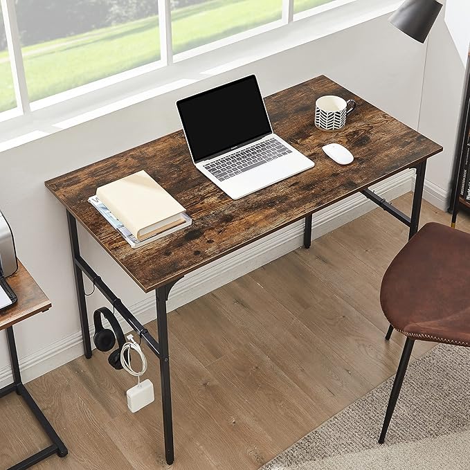 VECELO 44" Computer Writing Desk for Home Office, Study Table Workstation for Small Spaces with 6 Hooks & Adjustable Legs, Metal Frame,Brown, 44Inches