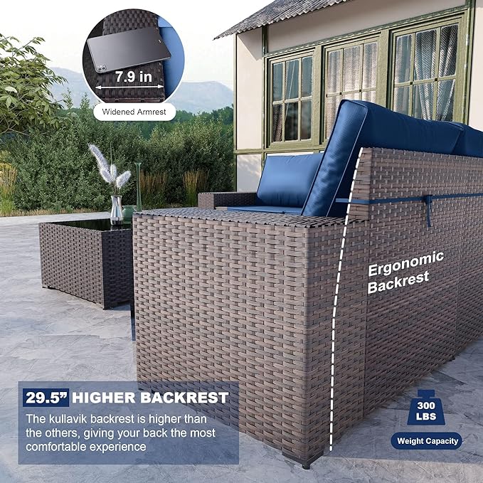 Kullavik 6PCS Outdoor Patio Furniture Set PE Wicker Rattan Sectional Sofa Patio Conversation Sets,Navy blue