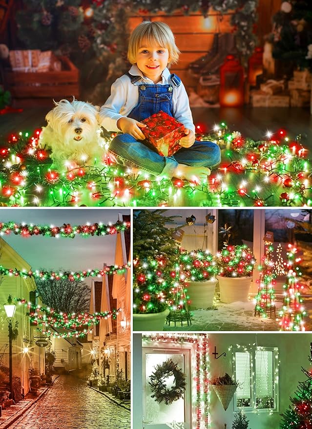 Minetom Solar Christmas Lights Outdoor Waterproof, 40FT 100 LED Solar Lights with 8 Modes, Solar Christmas Outdoor Decoration, Solar String Lights for Outside House Tree Party Yard, Red Green & White