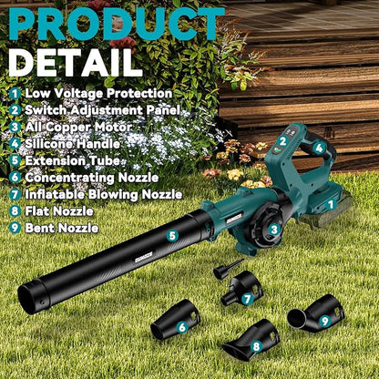 Leaf Blower, Cordless Leaf Blower for Makita 18V Battery, 3 Speed Modes Up to 200MPH, 270° Rotatable Electric Leaf Blower with 4 Blowing Nozzles for Lawn Care and Yard(Battery Not Included)
