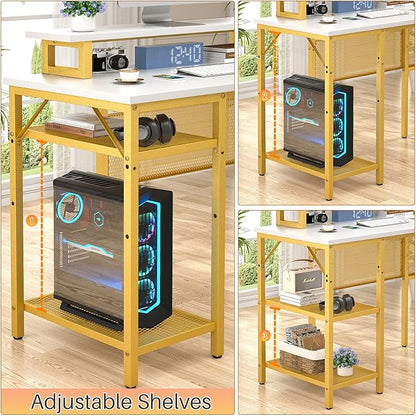 Reversible L Shaped Computer Desk with Power Outlet & Monitor Stand, 55 Inch Office Desk with RGB LED Light, Sturdy Corner Desk with Storage Shelf, Gaming Table, Easy to Assemble, White