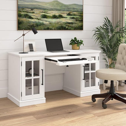Bush Furniture Westbrook 60W Computer Desk with Storage and Keyboard Tray in White Ash | Farmhouse Desk for Home Office Workspace