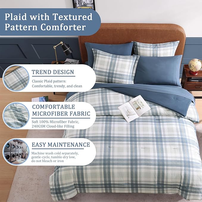 Blue Full Size Comforter Sets, Plaid Comforter Full Size for Boys & Girls,Classic Homestead-style Bedding Sets Full with Full Size Bed Sheets and Comforter Set